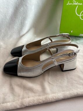 Sam Edelman Tarra Slingback Heels Cap Toe Metallic Silver Black Size 7.5